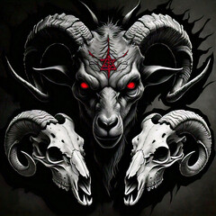 Ram skulls with horns on a dark background, vector illustration. Ram skull with red eyes. satanic goat heads drawings. - obrazy, fototapety, plakaty