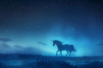 Design a enchanting high-angle scene of a unicorn prancing under a starlit sky, its luminous silhouette outlined in ethereal glow, blending photorealistic elements with a touch of fantasy