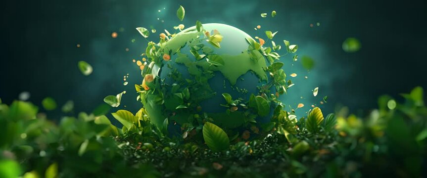 3D rendered globe made of green leaves floating in space, minimalist style on a flat green background,