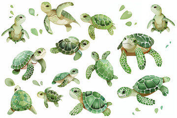 A collection of cute watercolor turtles on a white background. Stickers for a children's album