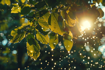 Leaves glistening with raindrops in a sunlit forest during early morning hours