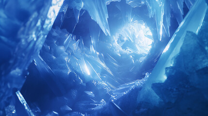 A surreal ice cave with ethereal blue light filtering through crystal formations, creating a magical ambiance