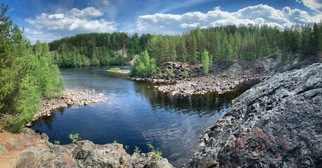 Suna river flowing through the remains of Girvas volcano, Karelia, Russia, June 2019
