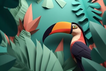 Obraz premium Colorful toucan bird standing amidst lush jungle foliage in a tropical environment. Generative AI
