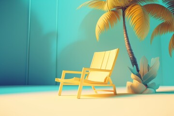 Obraz premium A vibrant yellow beach chair basks in the suns glow, set against a backdrop of a graceful palm tree. Generative AI