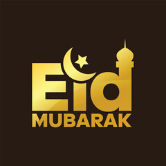 Eid Mubarak golden typography modern logo on black background. Eid Ul Fitr and Eid al Adha celebrating greeting card, template, poster, banner. Eid creative typography with moon and mosque vector.