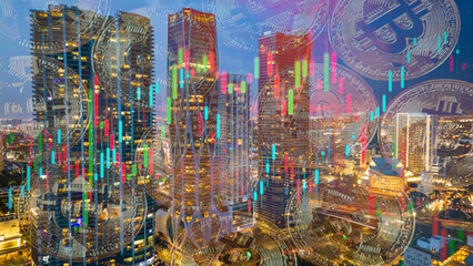 bitcoin crypto market chart with modern skyline cityscape at night 