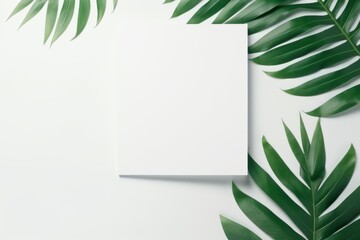 A blank piece of paper rests next to a vibrant green plant, creating a serene and natural composition. Paper and Plant Harmony. Generative AI