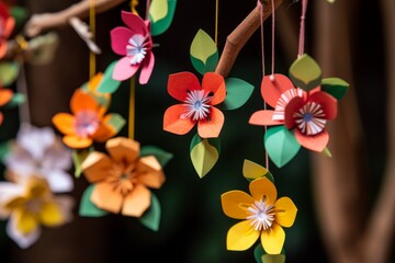 Whimsical papercraft flowers in various colors hang delicately on a wall. Generative AI