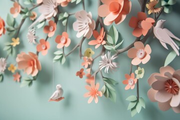 Whimsical papercraft flowers in various colors hang delicately on a wall. Generative AI