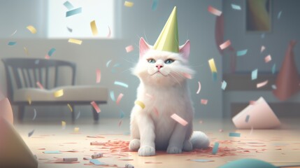 A cat is dressed up in a party hat , adding a touch of charm to the celebratory scene. Mysterious Feline Festivities. Generative AI