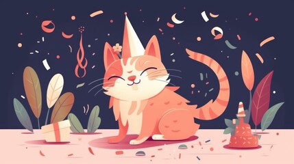 A cat is dressed up in a party hat , adding a touch of charm to the celebratory scene. Mysterious Feline Festivities. Generative AI