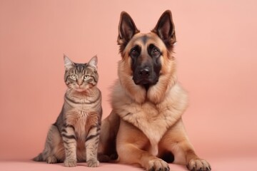 A cute dog and cat peacefully sitting side by side on a gradient background. Harmony Between Paws: A Dog and a Cat Sitting Together. Generative AI