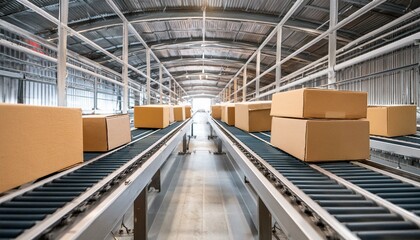 Closeup of multiple cardboard box packages smoothly gliding along a conveyor belt in a modern warehouse fulfillment center, capturing the essence of e-commerce, delivery & automation.