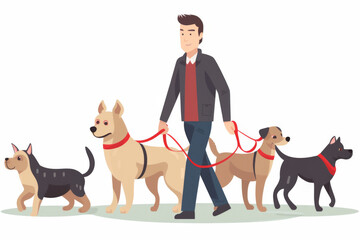 A man gracefully walks multiple dogs on leashes through a serene park setting. The Canine Stroll. Generative AI