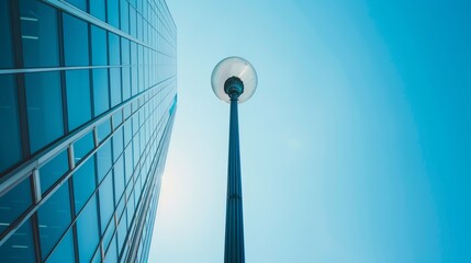 Business office building and street lamp against the blue clear sky