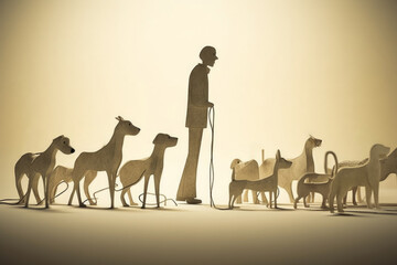 A man gracefully walks multiple dogs on leashes through a serene park setting. The Canine Stroll. Generative AI