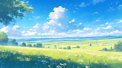 Bring to life a tranquil panoramic landscape of a verdant meadow stretching beneath a radiant daytime sky Showcase the verdant grasses swaying gently in the breeze amidst the backd