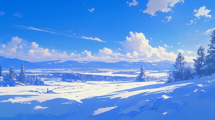 Capture a mesmerizing snowy landscape in vivid blues and whites, with a breathtaking eye-level angle to showcase the vast, serene sky Ensure the snow appears crisp and inviting