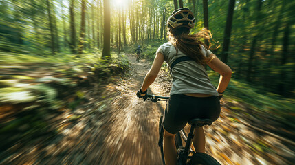 A female cyclist riding on a forest trail illuminated by the soft light of sunrise, conveying a sense of adventure and freedom