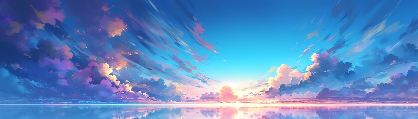 Capture the essence of fantasy in a digital CG 3D masterpiece showcasing a sky painted with swirling hues cascading over a mirror-like lake Add a touch of magic with iridescent ref