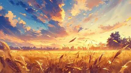 Capture the majesty of a low-angle view sunset over a field of golden wheat