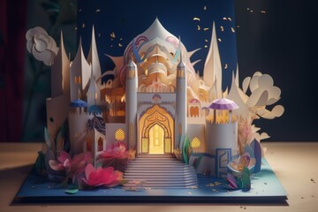 Ramadan open book papercraft. An open book showcasing a lit-up castle on top, illustrating a magical and imaginative scene. Generative AI