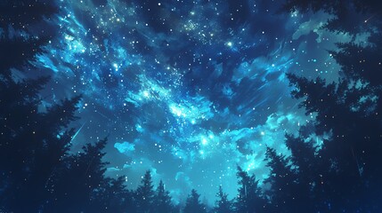 Capture the mesmerizing beauty of a worms-eye view of a mystical forest under Starry Night skies, blending digital techniques for a dreamy, surreal effect