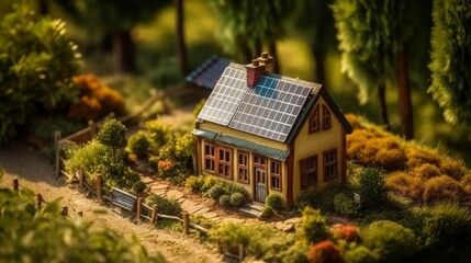 A detailed model showcasing a house with a solar panel basking in the sunlight, promoting sustainable living. Generative AI