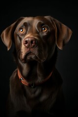 A close-up of a surprised Labrador against a pink background. Generative AI