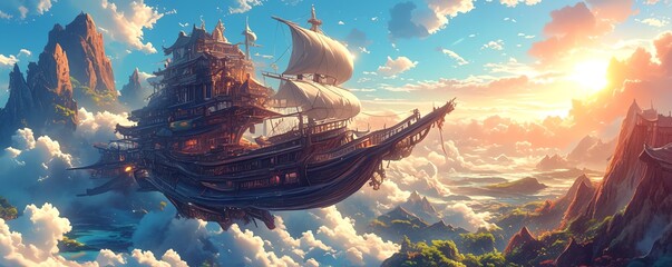 Craft an enchanting scene of a vibrant airship sailing across a breathtaking sunset sky