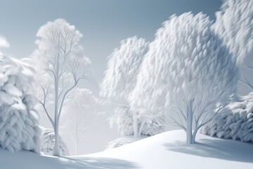 A group of trees standing tall in the snow, covered with a blanket of frost, creating a serene and minimalist winter scene. Generative AI