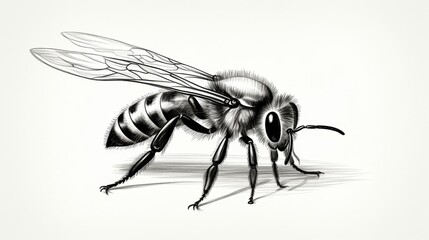 Detailed Vector Engraving Illustration of a Honey Bee on White Background - Perfect for Nature and Wildlife Concepts, Insect Pollination, and Vintage Design.