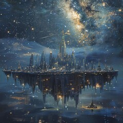 Obraz premium Futuristic Urban Island Cityscape Glowing under a Celestial Night Sky Filled with Stars