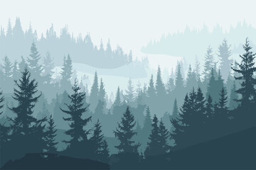 Fototapeta premium Landscape forest background with many trees, Winter forest background, Winter forest in the fog, Vector illustration