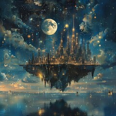 Modern Floating City at Night, Surrounded by a Twinkling Cosmic Skyline and Moonlight