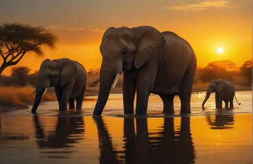 a group of elephants gathered in a stream to cool off, while the sun sets in the background, creating a golden aura around the majestic animals.