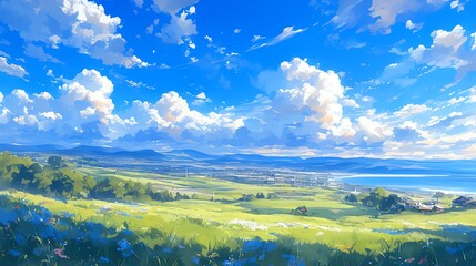 Illustrate the grandeur of a panoramic landscape under clear blue day skies, using oil painting to blend rich azure hues and intricate cloud formations