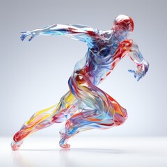 A man with translucent gradient,  is running with  embodying a trendsetting, artistic fusion of movement. Generative AI