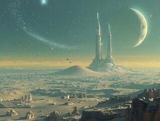 Sparkling Extraterrestrial Landscape Featuring Futuristic Dwellings under Twin Starlight