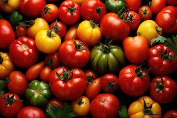 Variety of colorful tomatoes as background, top view. Close up - Powered by Adobe