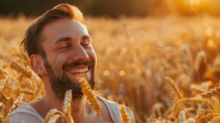 Man laughing in wheat field at dusk
