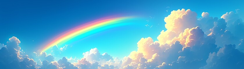 Visualize a side view rainbow gently peeking through fluffy clouds in a serene blue sky, conveying a feeling of hope and optimism with a photorealistic digital rendering