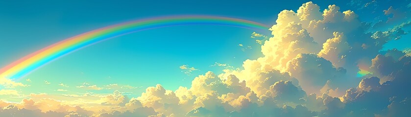 Visualize a side view rainbow gently peeking through fluffy clouds in a serene blue sky, conveying a feeling of hope and optimism with a photorealistic digital rendering