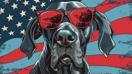 Great dane wearing red sunglasses with an american flag in the background. tshirt design concept - obrazy, fototapety, plakaty