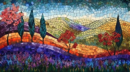 French nature Mosaic , lavendel field, Stained Glass Illusion
