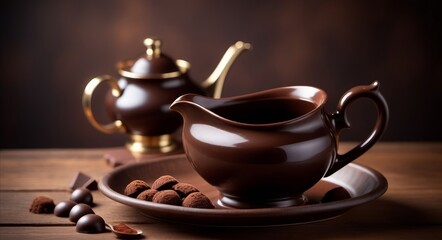 Fototapeta premium Gravy boat with tasty molten chocolate on wooden table with copy space