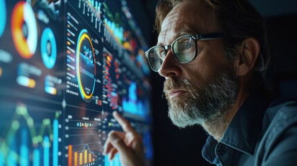 Businessman looks at graphs and charts showing market growth trends. Leverage this valuable information to inform strategic decisions and capitalize on emerging opportunities.