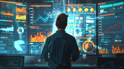 Businessman looks at graphs and charts showing market growth trends. Leverage this valuable information to inform strategic decisions and capitalize on emerging opportunities.