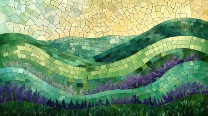 French countryside Mosaic, lavender field, Stained Glass Illusion
